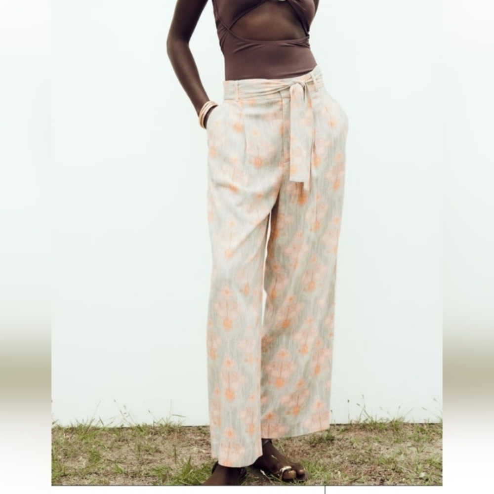 Zara Flowy Printed Pants linen viscose blend Sz-L